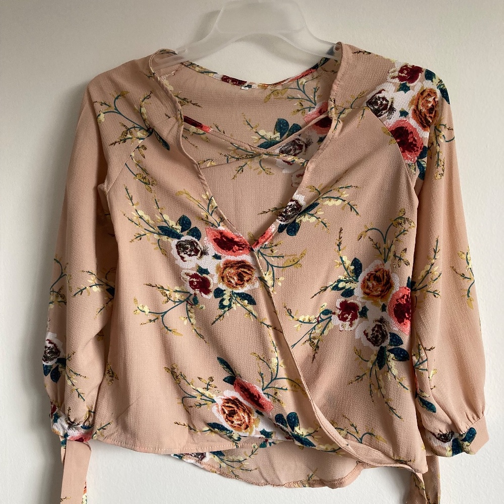 Flowy Tan Blouse with large floral design!